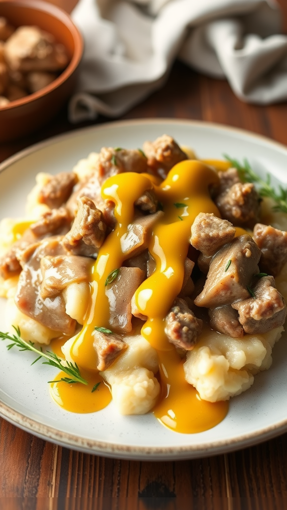 A plate of Pork Stroganoff with mustard sauce over mashed potatoes, garnished with fresh herbs.