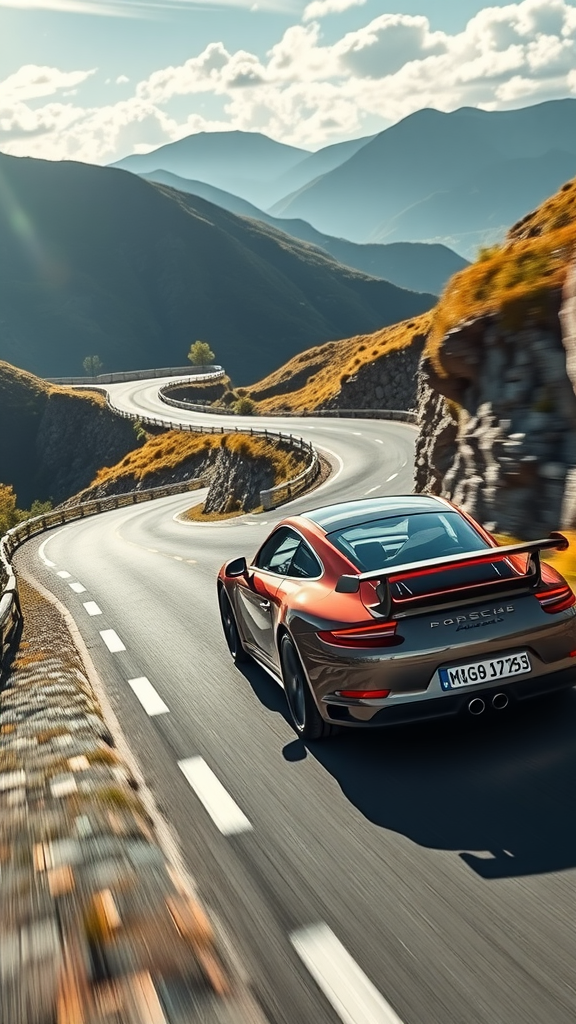 A Porsche 911 GT3 driving on a winding mountain road with scenic views.