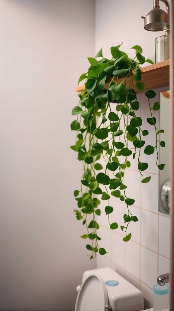 A trailing Pothos plant with lush green leaves cascading over a wooden shelf above a bathroom toilet.
