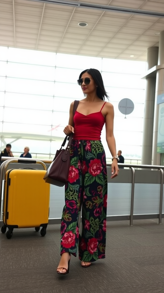 A woman wearing red and floral printed palazzo pants walking through an airport with a yellow suitcase.