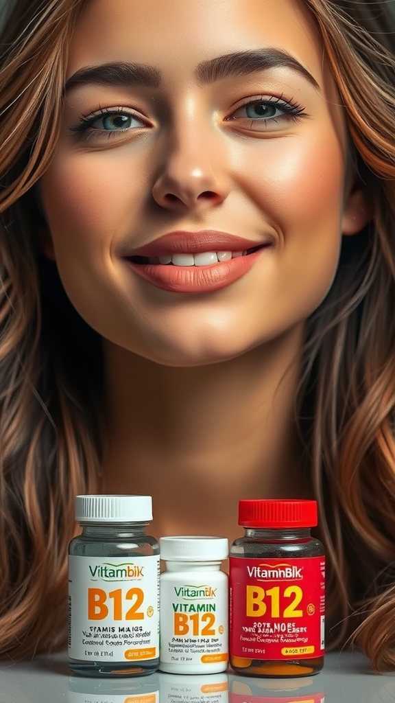 A smiling woman with three bottles of Vitamin B12 supplements in front of her.