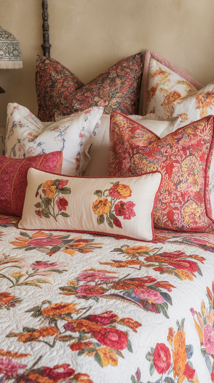 Colorful quilted bedspread with floral patterns, layered with decorative pillows.