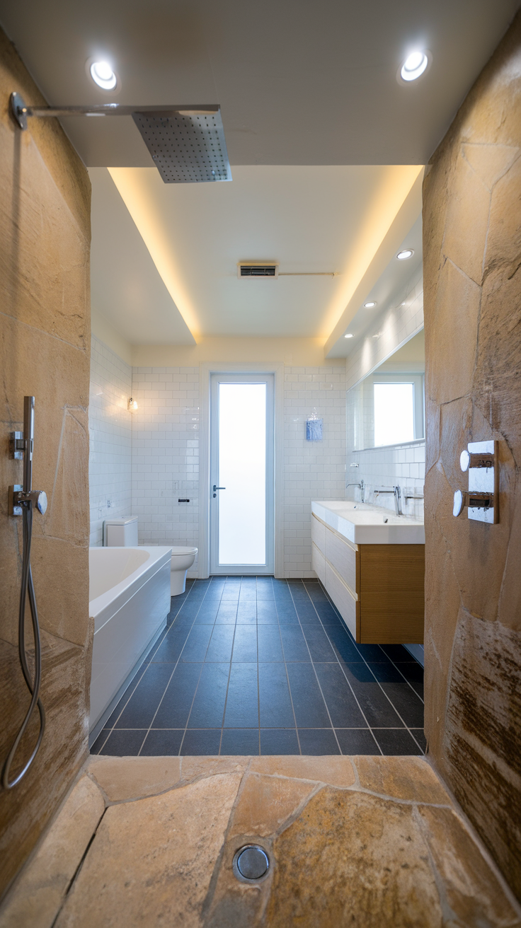 A modern bathroom featuring a rainfall showerhead, light marble elements, and elegant design.