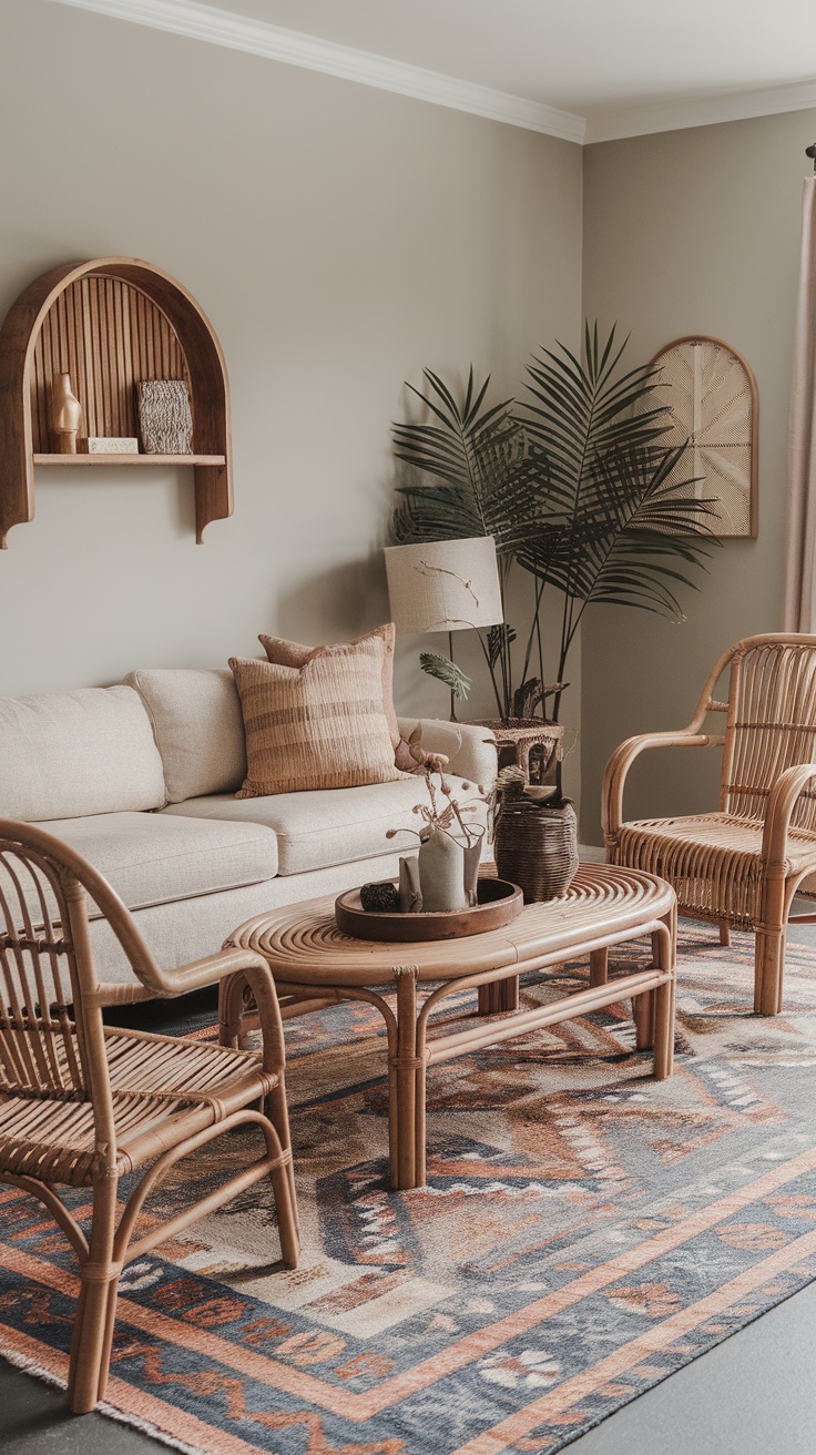 A cozy Boho living room featuring rattan furniture accents, a beige sofa, and earthy decor.