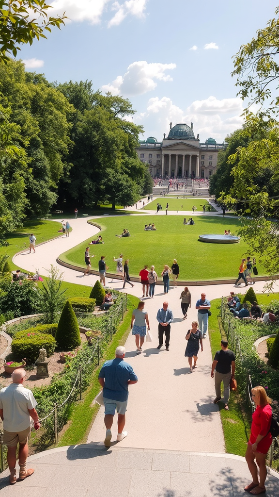 A sunny day at Tiergarten Park in Berlin, with people walking along paths and enjoying the scenery.