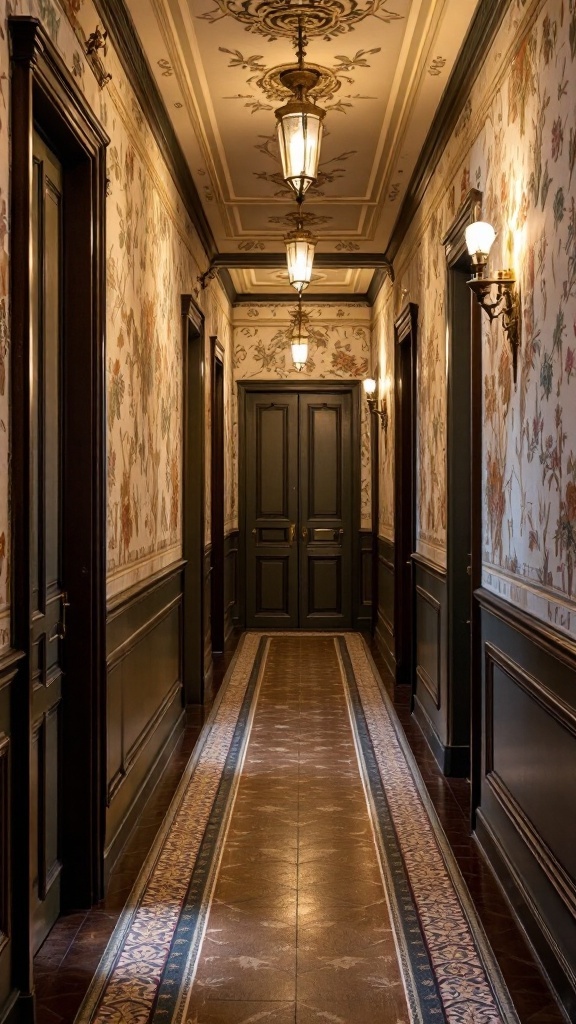 Victorian hallway with richly patterned wallpaper, wooden doors, and elegant lighting fixtures