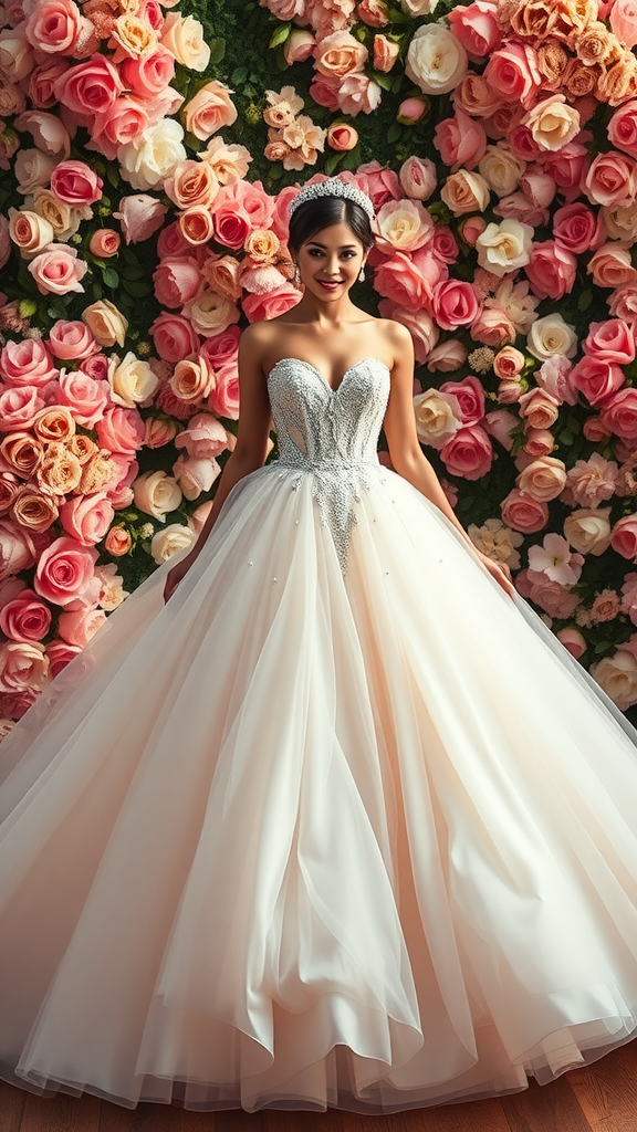 A bride in a romantic ball gown with a tulle skirt standing in front of a floral backdrop.