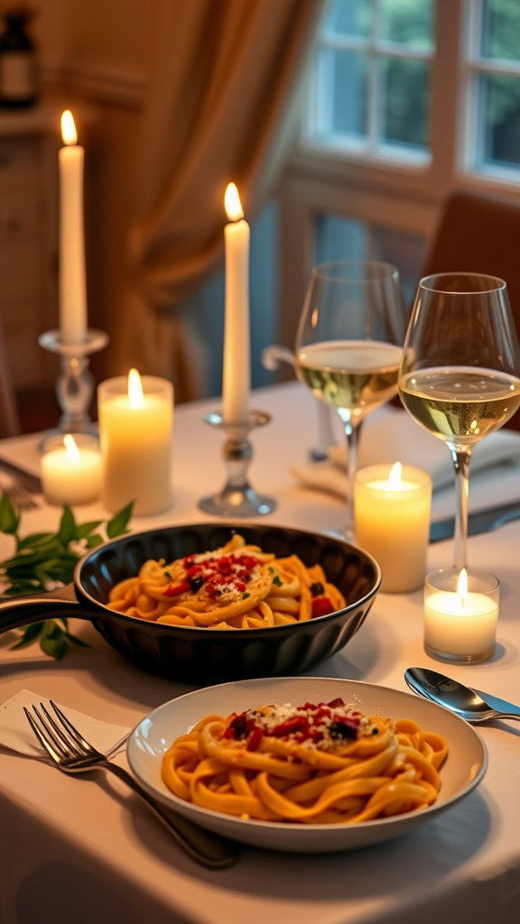 A romantic dinner table setting with candles, pasta dishes, and glasses of white wine.