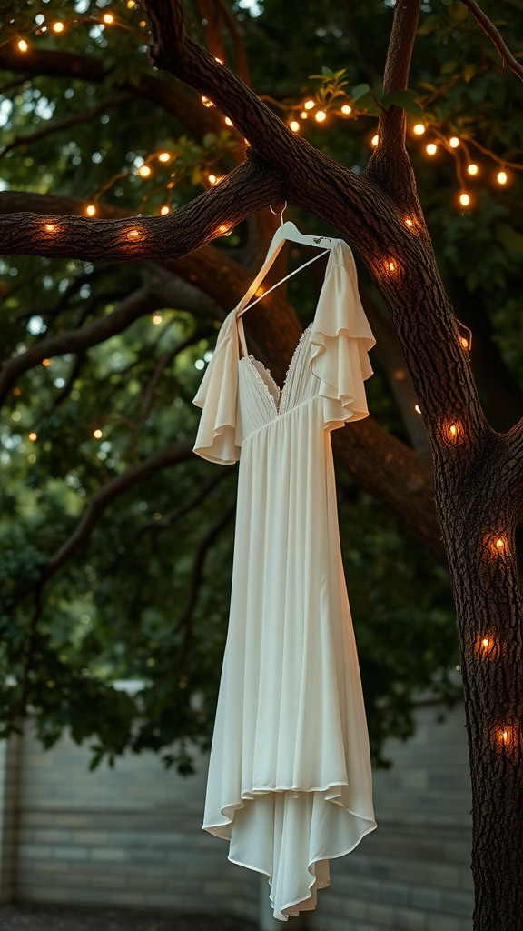 A white dress with ruffle sleeves hanging from a tree decorated with lights.