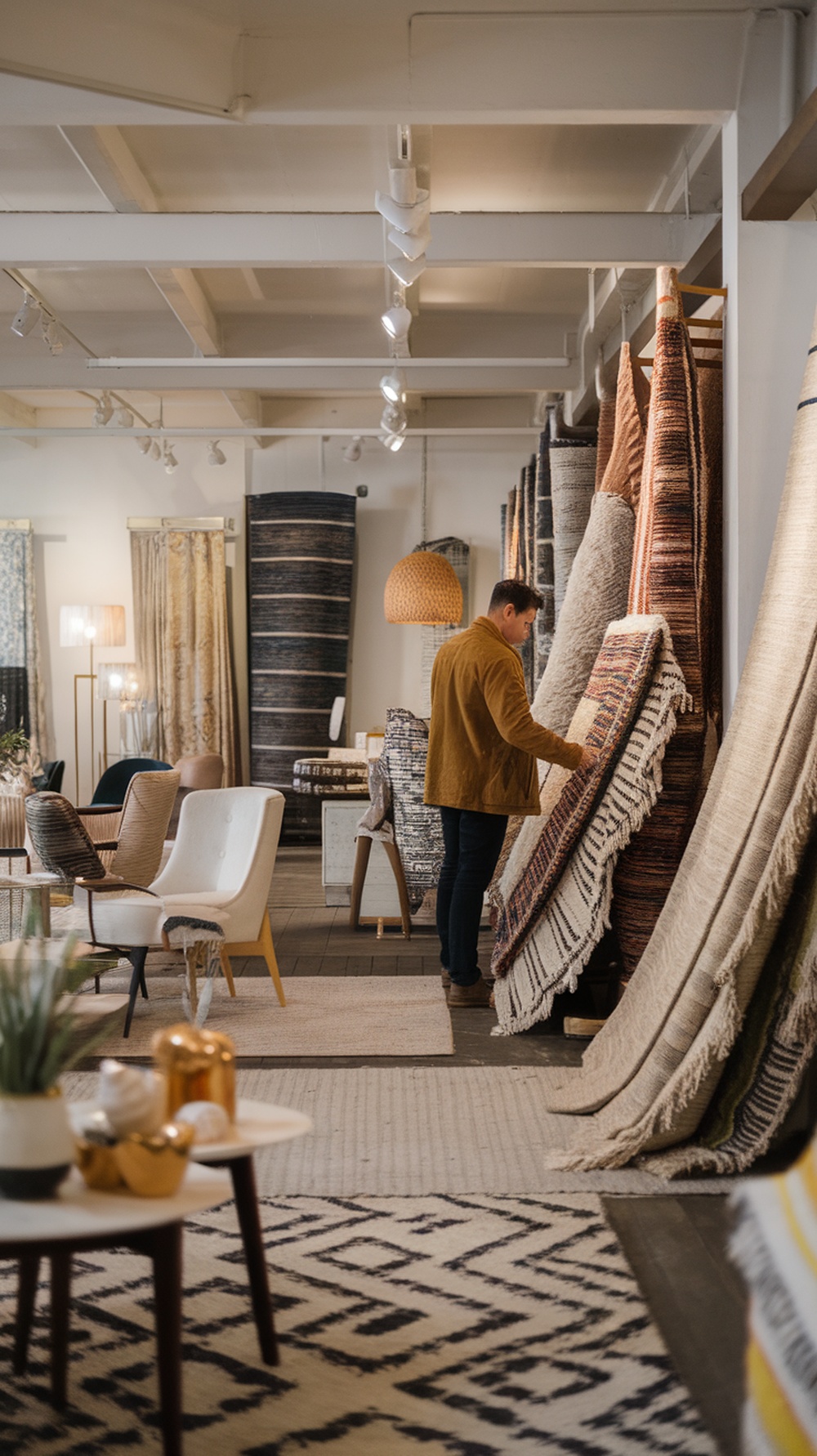 A person shopping for rugs in a stylish store, surrounded by various rugs and furniture.