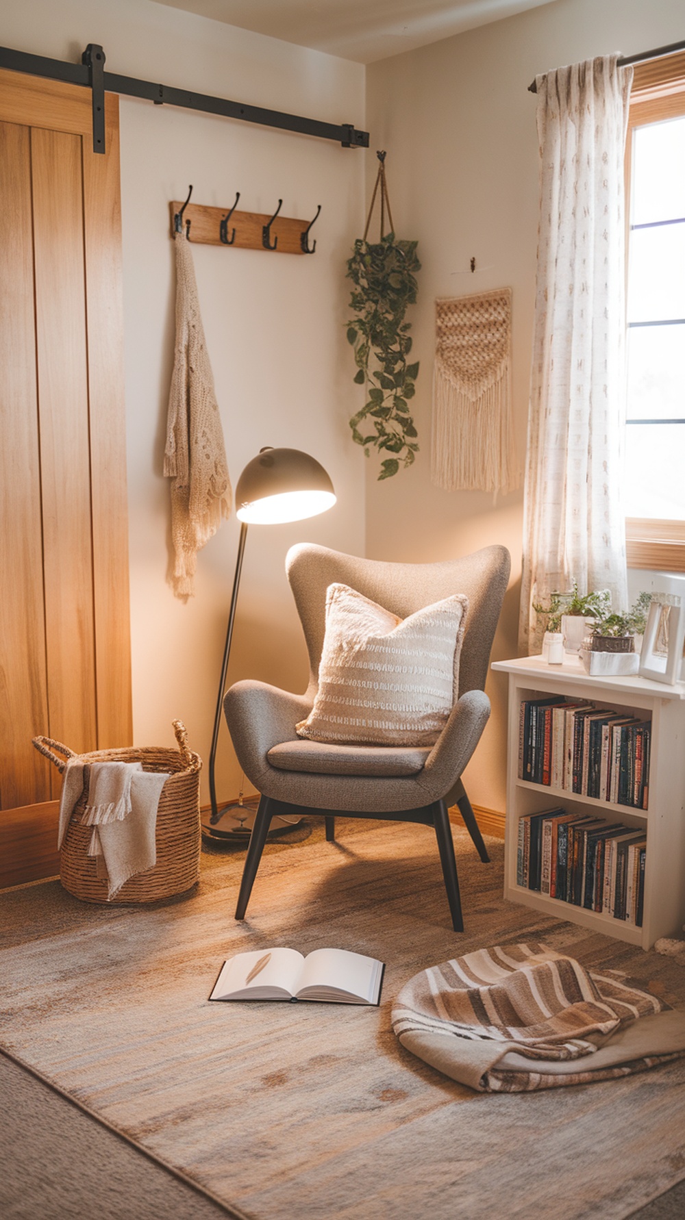 Cozy reading nook with a chair, lamp, book, and decorative items.