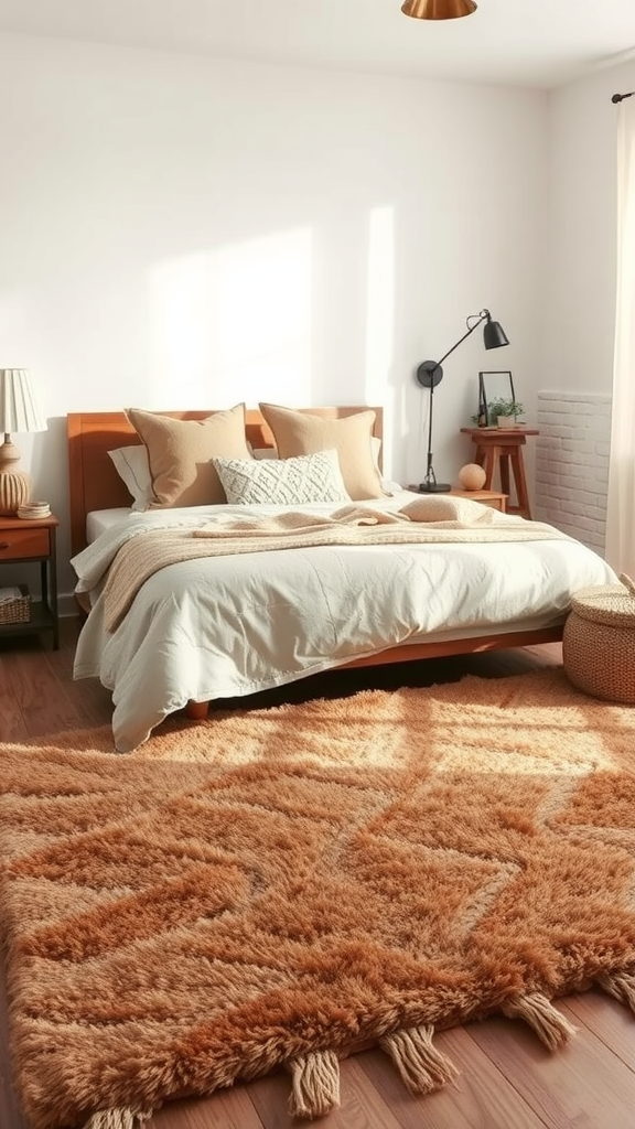 A cozy bedroom featuring a rustic area rug, wooden furniture, and warm decor