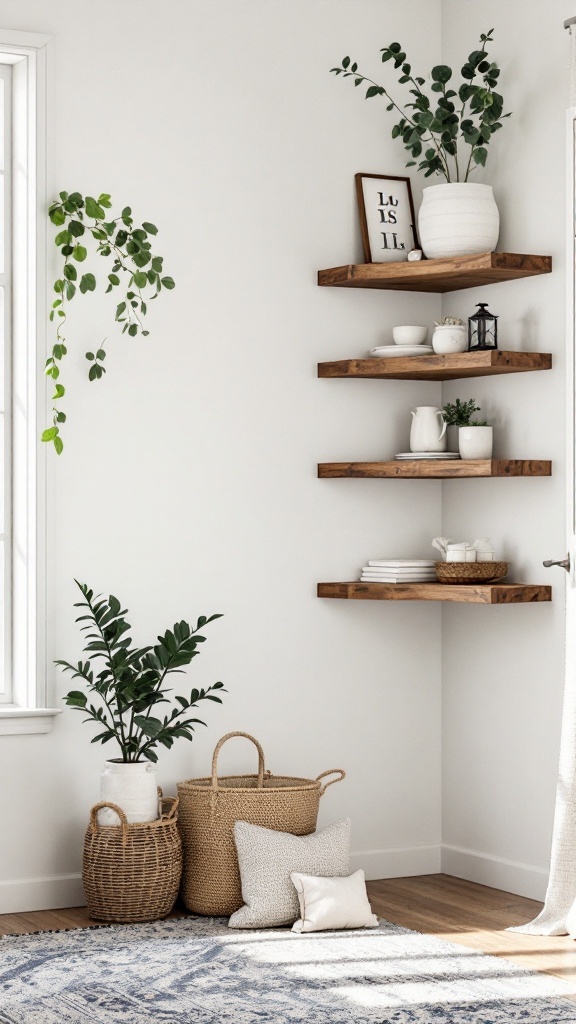 Rustic corner shelves with plants and decorative items in a bright room