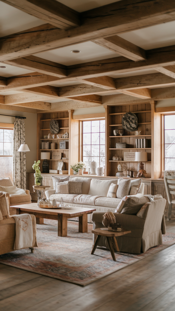 A cozy rustic farmhouse living room with wooden beams, plush sofas, and open shelving.