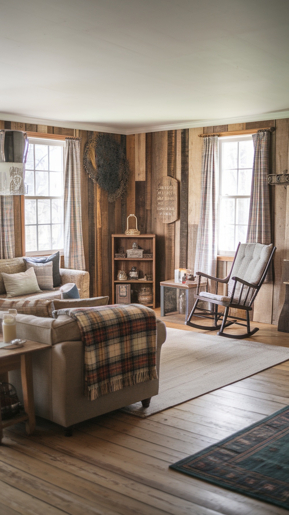 A cozy rustic living room featuring wooden walls, comfortable seating with a plaid throw, a rocking chair, and warm natural light.