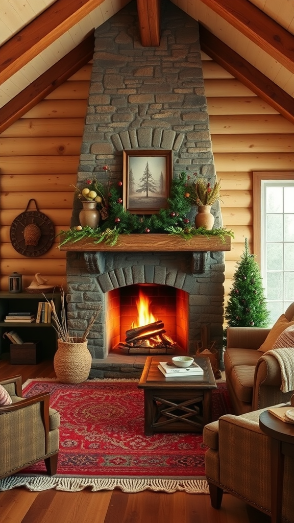 Cozy living room with a rustic stone fireplace and wooden decor