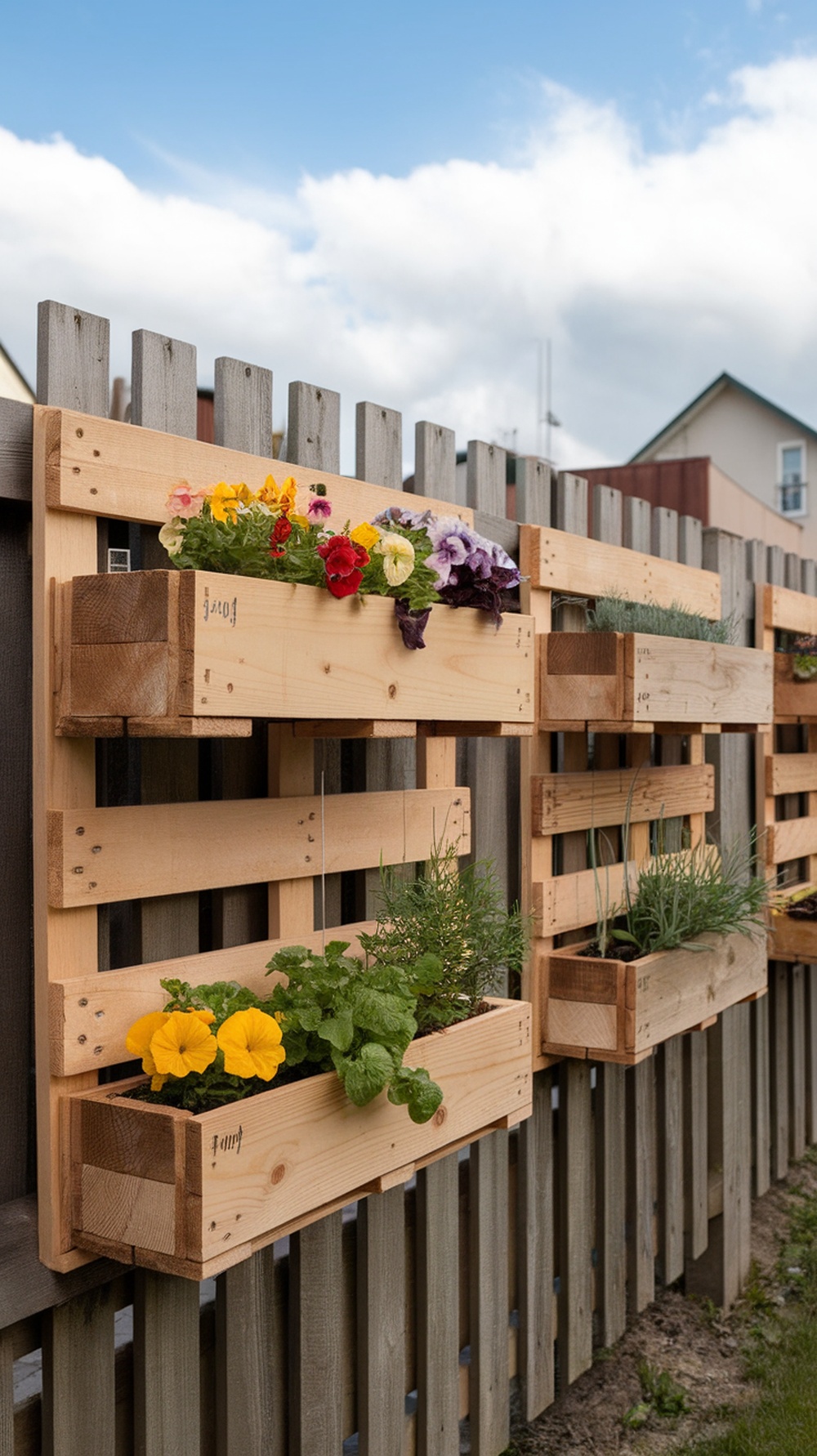 Wooden pallet planters filled with colorful flowers attached to a garden fence.
