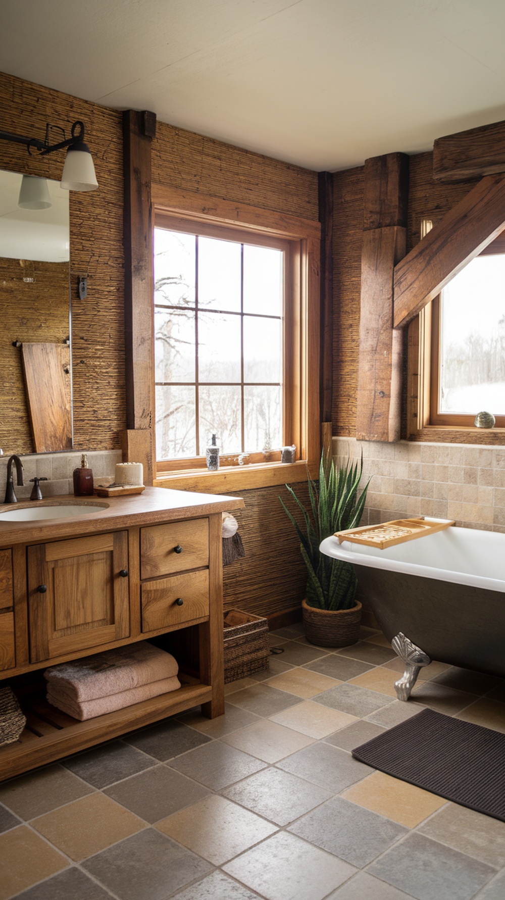A rustic bathroom featuring wooden elements, a freestanding tub, and natural light.