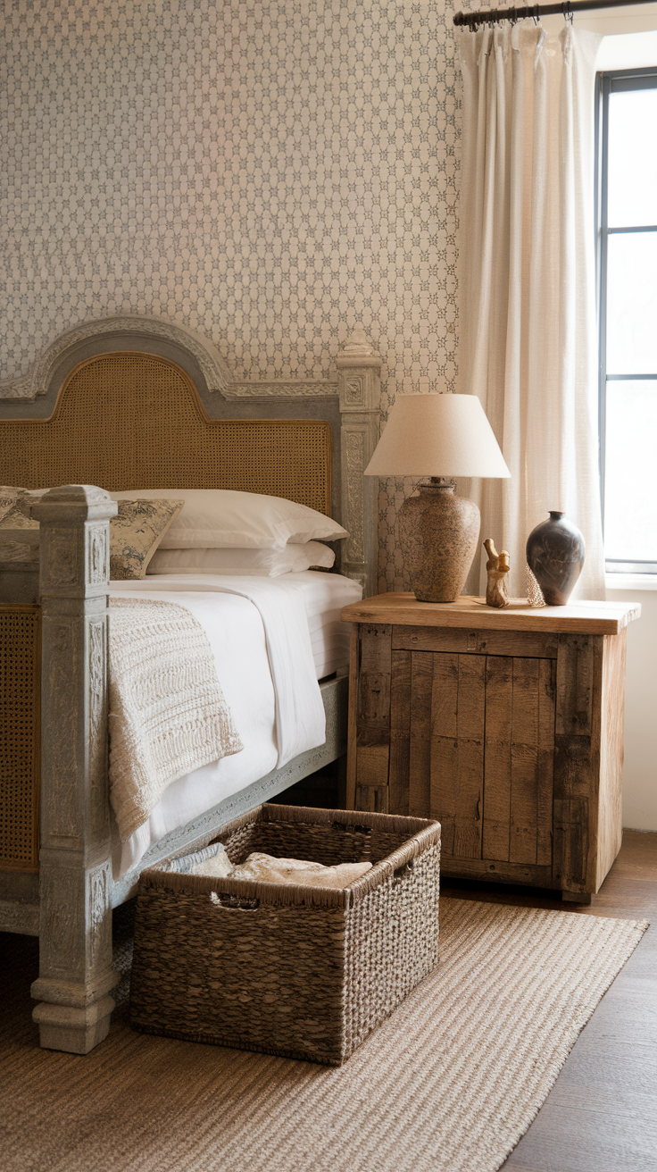 A cozy bedroom featuring a rustic wooden bed, woven basket, and vintage decor elements.
