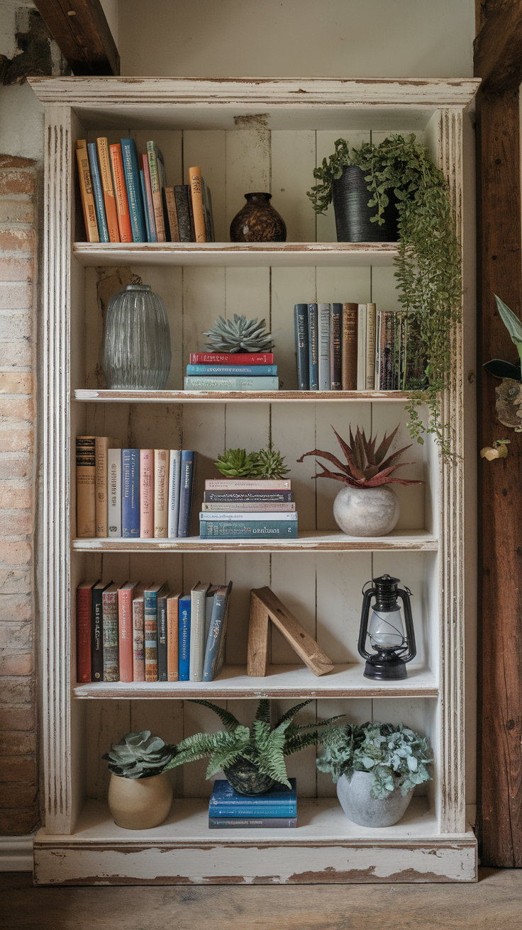 A rustic wooden bookshelf filled with books and decorative plants.