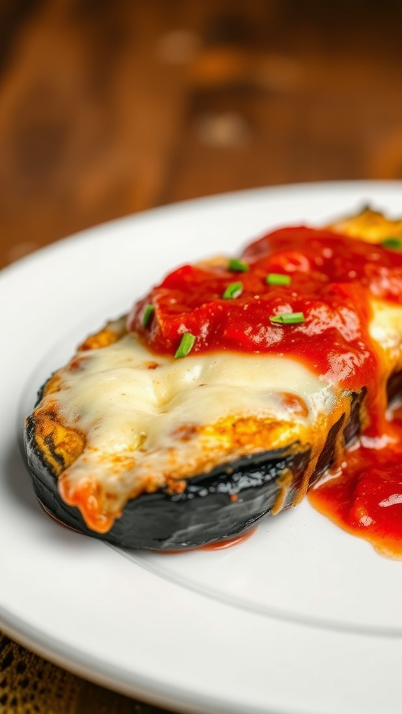 A close-up of Air Fryer Eggplant Parmesan topped with marinara sauce and melted cheese on a white plate.