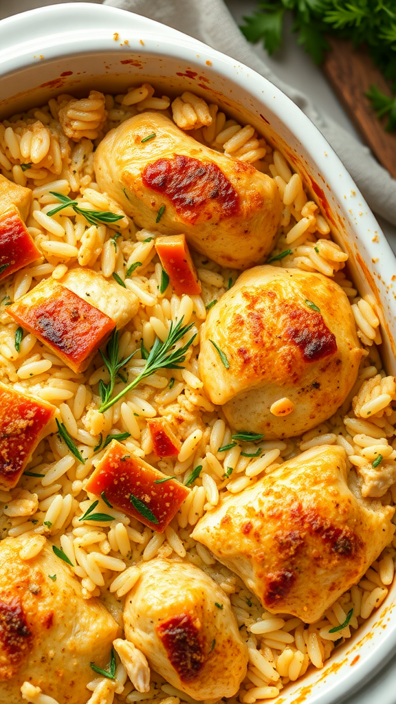 A delicious chicken and rice casserole with baked chicken pieces and orzo pasta.