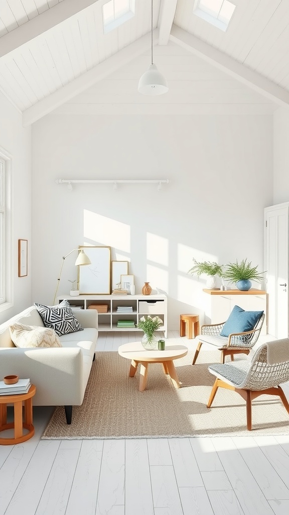 A bright Scandinavian minimalist living room featuring a white sofa, wooden furniture, and greenery.