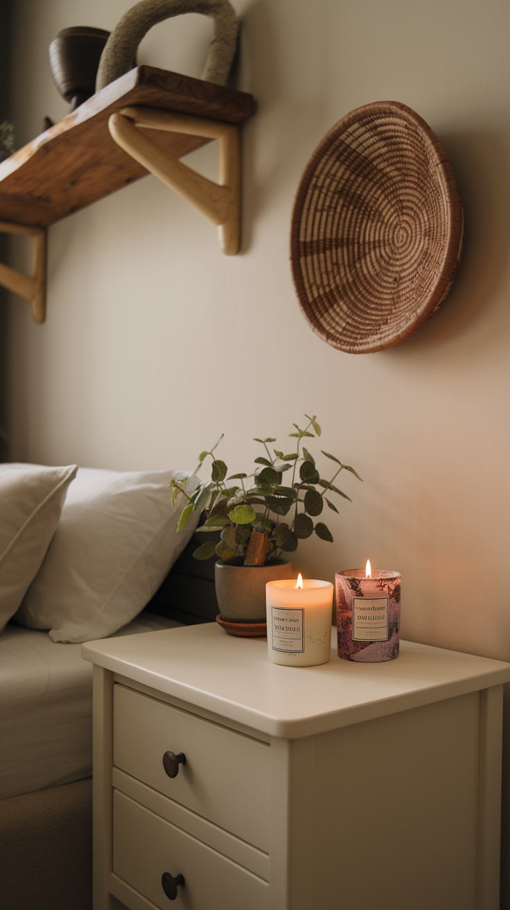 A cozy bedroom scene with scented candles and a plant on a nightstand, showcasing vintage cottagecore decor.