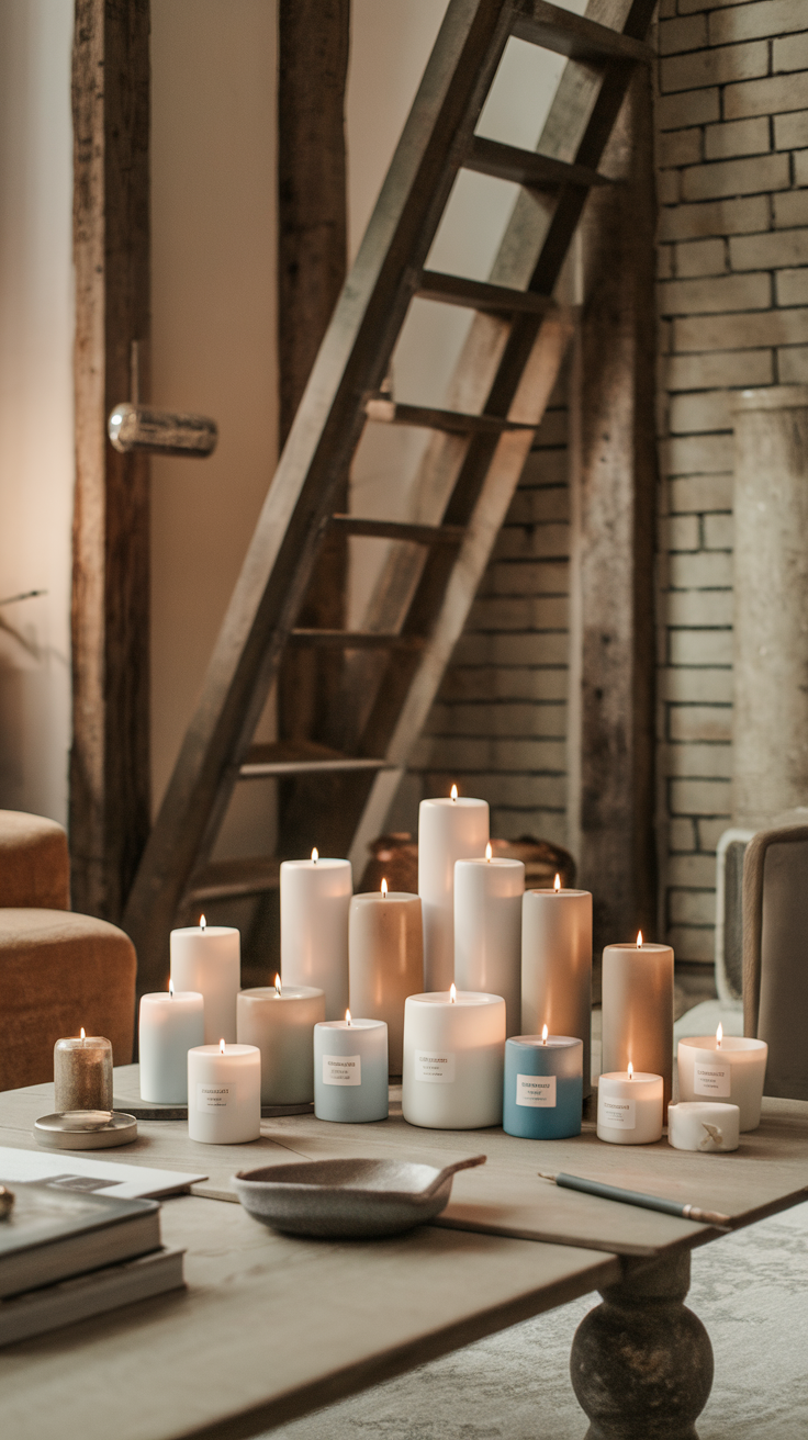 A collection of lit scented candles on a coffee table in a cozy room with a ladder and warm lighting.