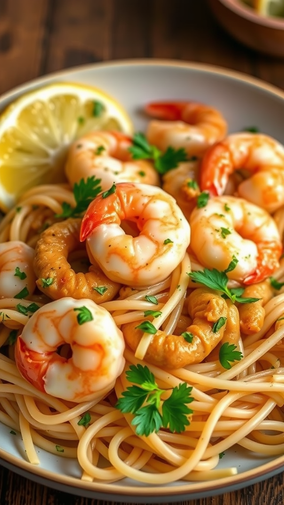 Plate of shrimp pasta with lemon and parsley