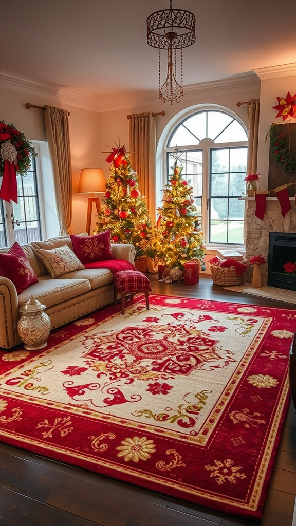 A cozy living room decorated for Christmas with a red and white accent rug, two Christmas trees, and festive decorations.