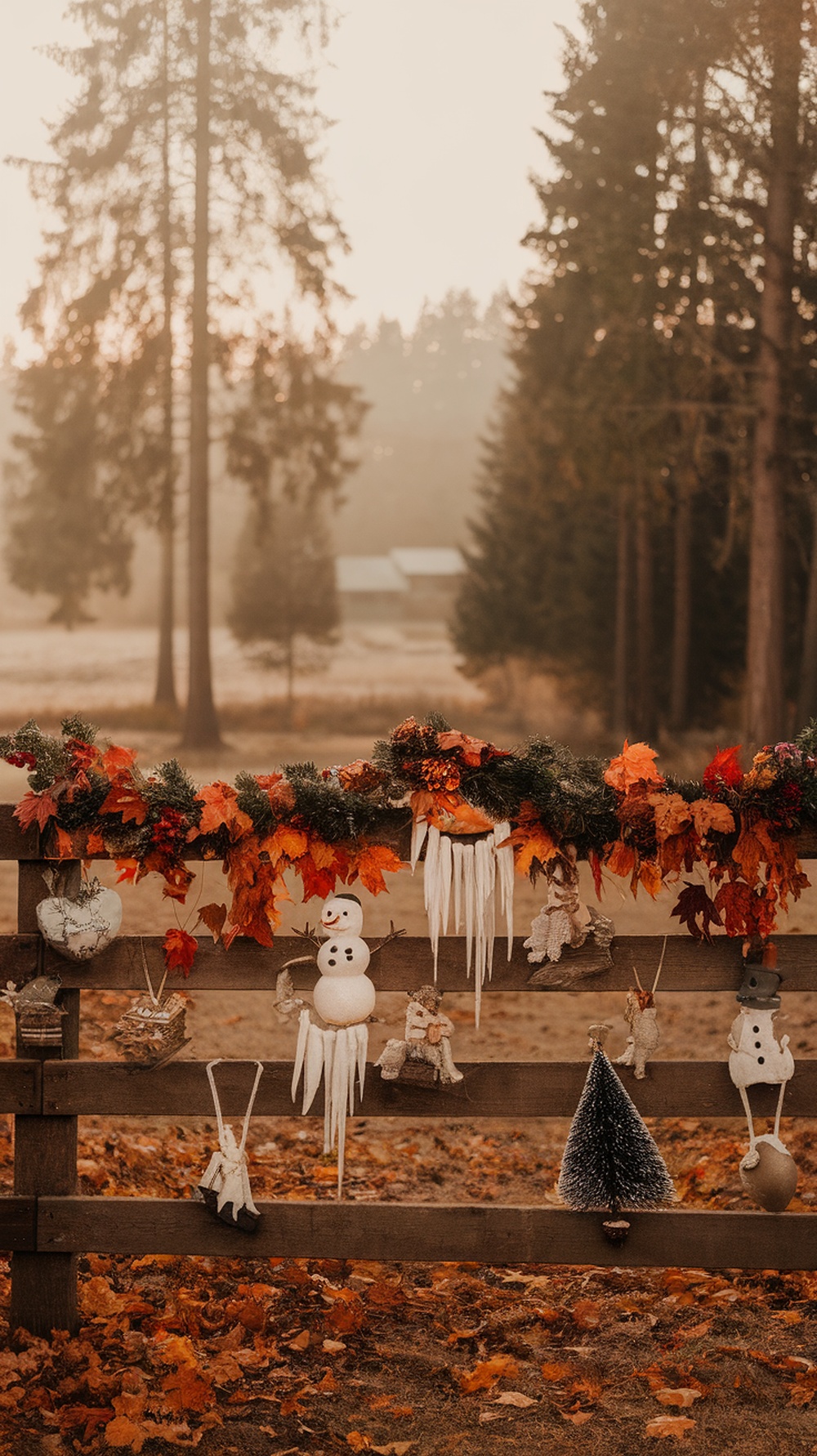 A beautifully decorated wooden fence with autumn leaves, snowman ornaments, and icicles, showcasing winter decor.