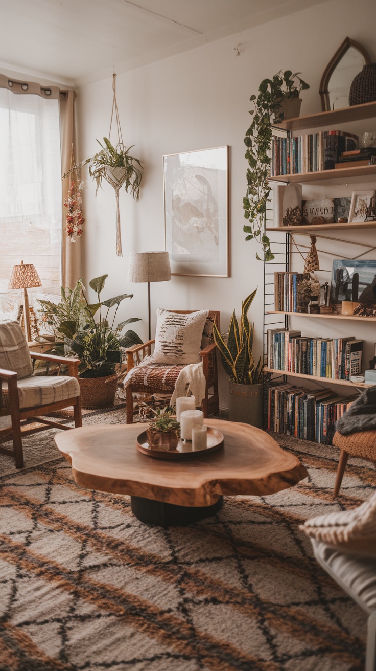 A cozy Boho living room with plants, a wooden coffee table, and neutral decor
