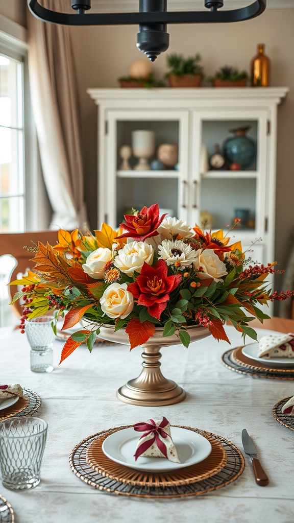 A beautiful autumn-themed table centerpiece featuring a floral arrangement of red, orange, and cream flowers on a wooden table.