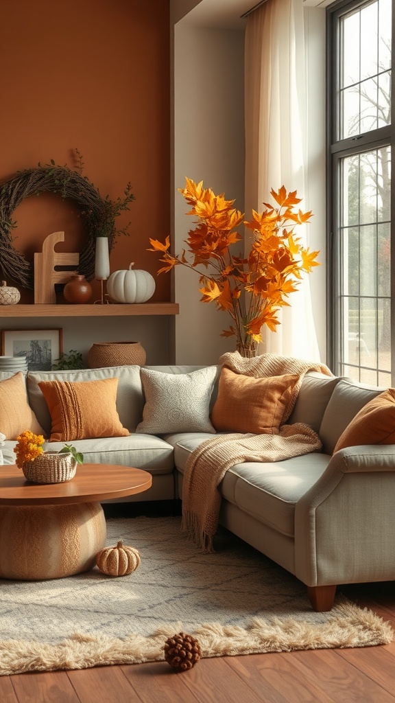 Cozy living room with autumn decor featuring a sectional couch, warm orange tones, and seasonal elements.