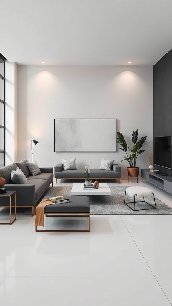 A modern minimalistic living room featuring gray sofas, a coffee table, and a potted plant, showcasing Organic Modern Living Room style.