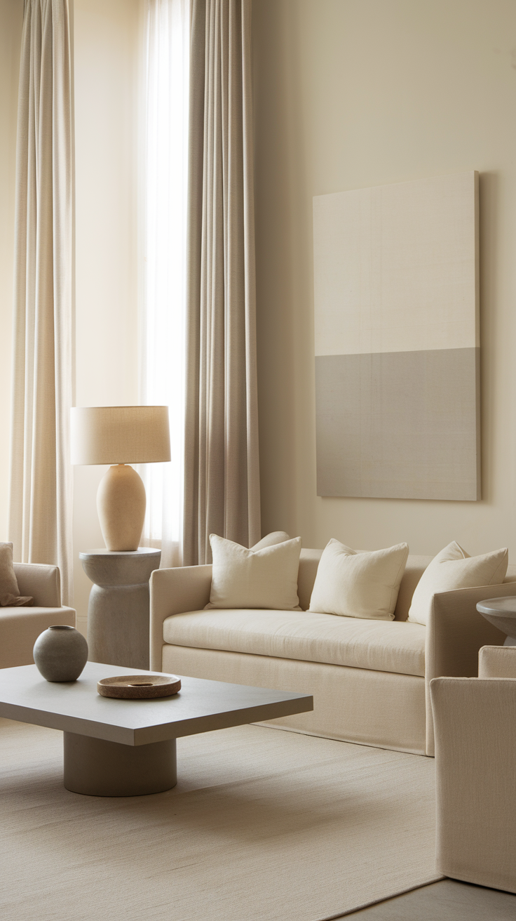 A serene living room showcasing neutral tones with mid-century modern furniture, soft pillows, and natural light.