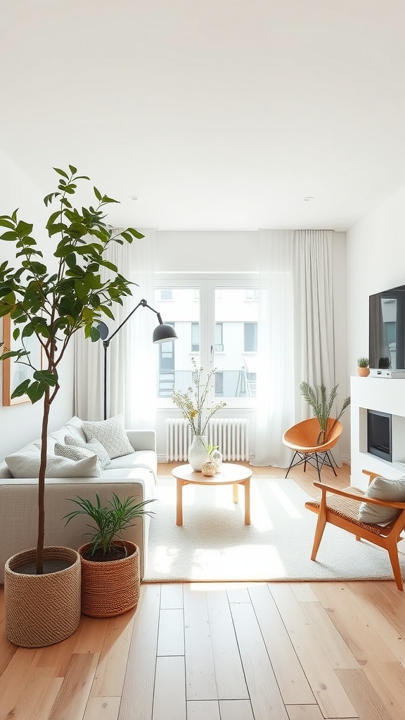 A serene Scandinavian living room featuring a light gray sofa, orange chair, wooden coffee table, and indoor plants.