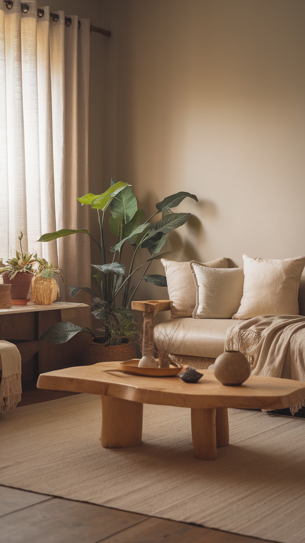 A serene living room with neutral tones, a cozy sofa, wooden coffee table, and plants, creating a calming atmosphere.