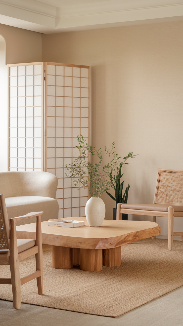 A serene, minimalist living room with a beige sofa, wooden coffee table, and greenery.