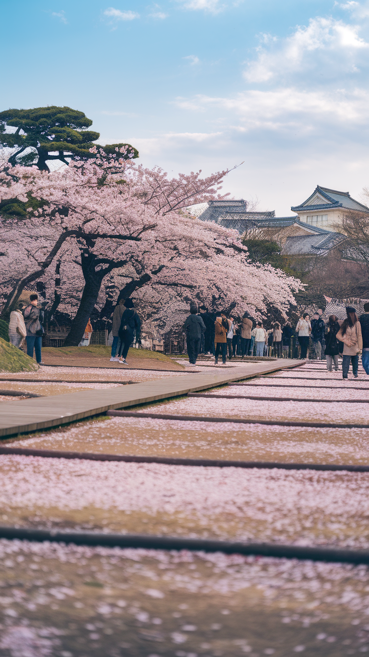 Visitors enjoying cherry blossoms at Shinjuku Gyoen, with traditional Japanese architecture in the background.