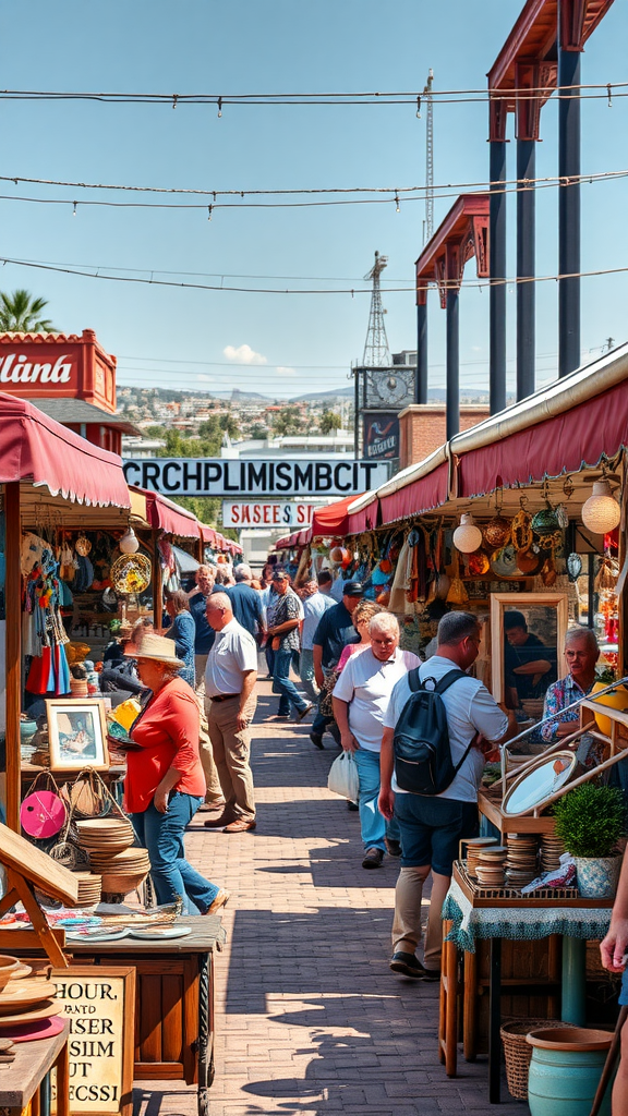 A busy flea market with various stalls selling unique items, set in a sunny outdoor environment.