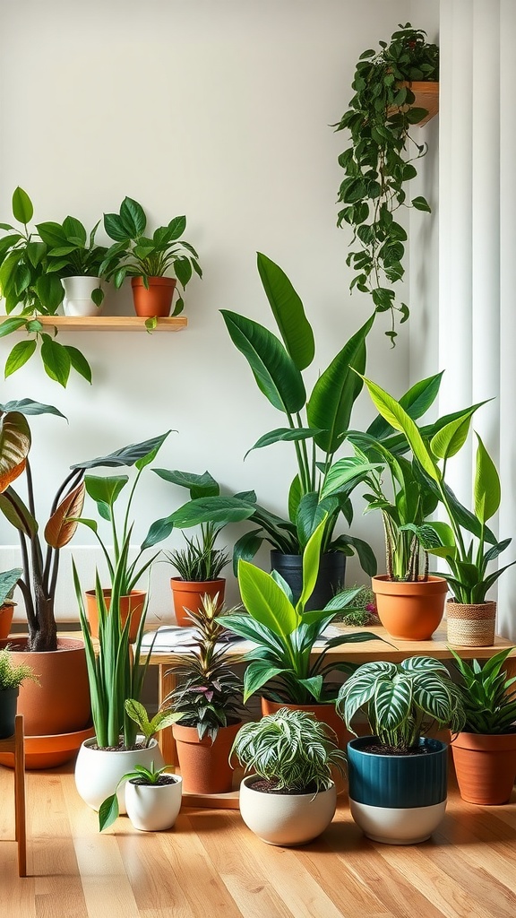 A well-decorated living room showcasing various indoor plants in terracotta and ceramic pots, arranged on a shelf and the floor.