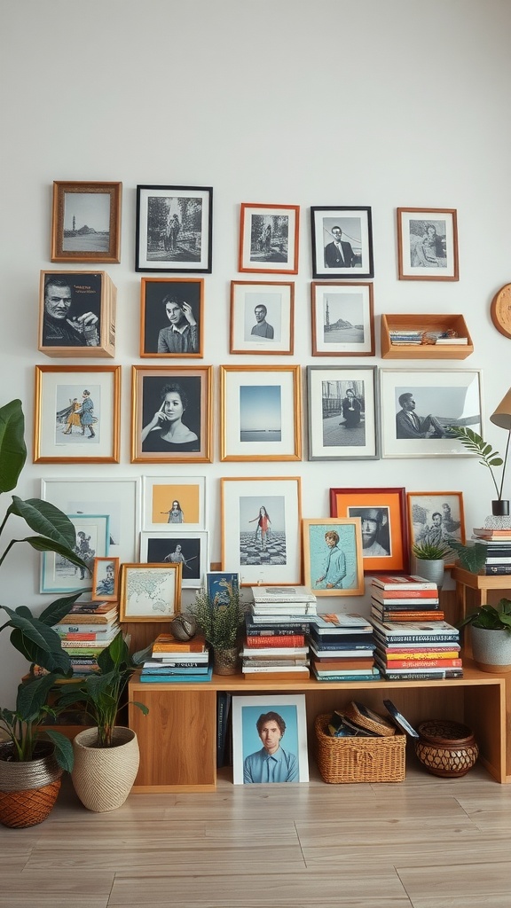 A wall showcasing a collection of framed photos and books, with plants adding a touch of greenery.