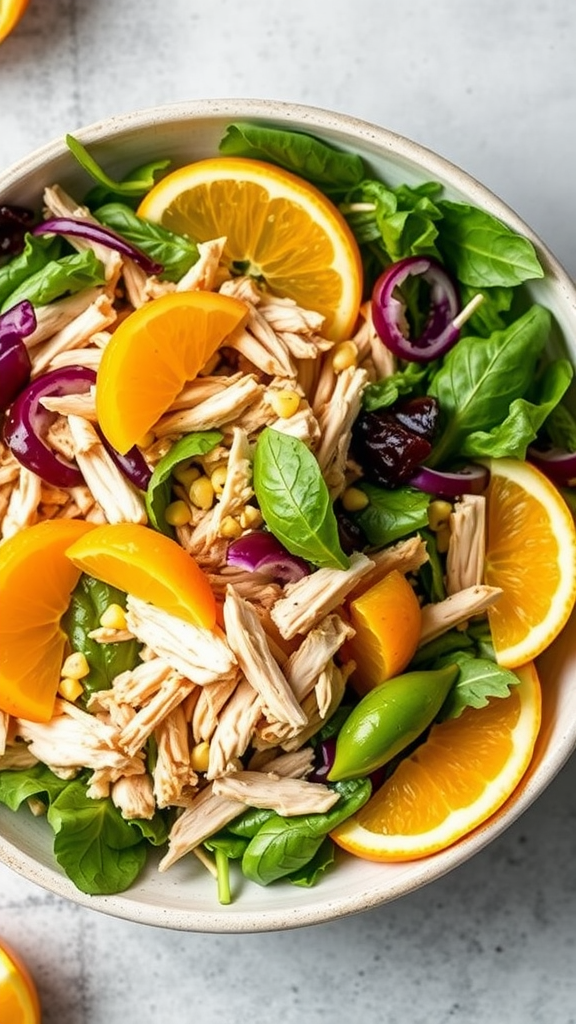 A vibrant salad featuring shredded chicken, spinach, corn, and orange slices in a bowl.