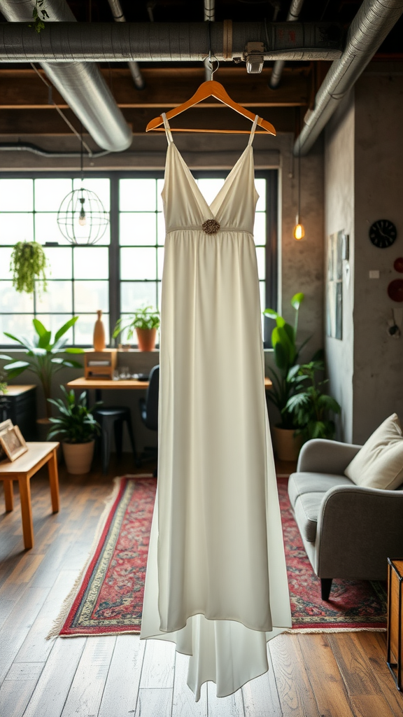 A simple white slip dress hanging in a stylish indoor space with plants and modern decor.