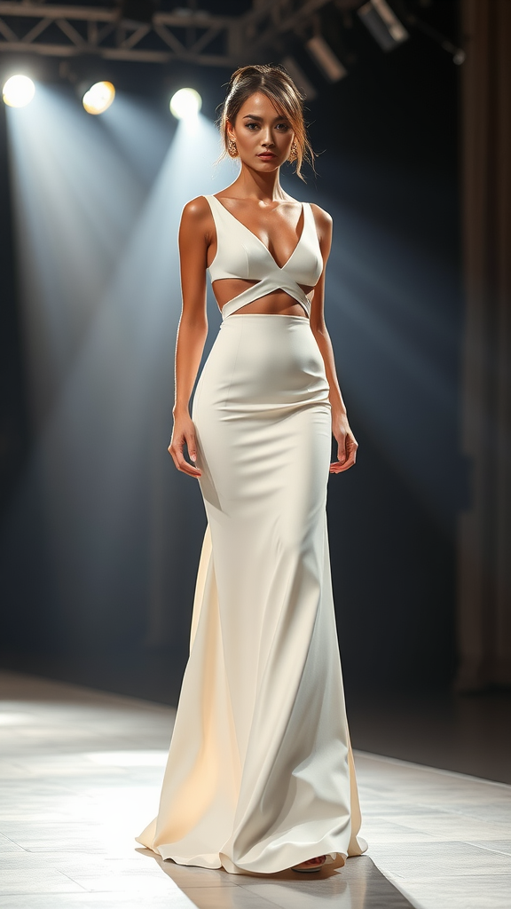 A model wearing a sleek column dress with unique cutouts, walking on a runway.