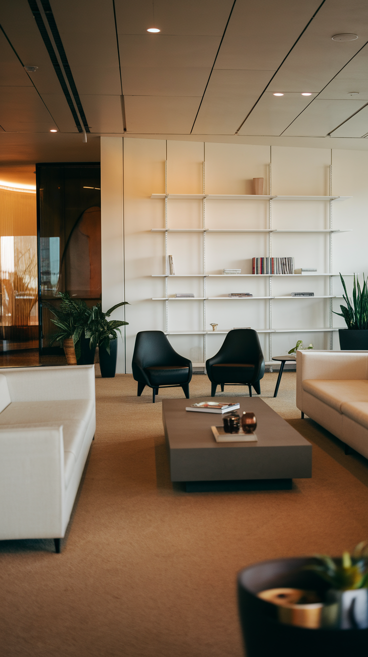 A sleek modern living room featuring neutral tones, stylish furniture, and open shelving.