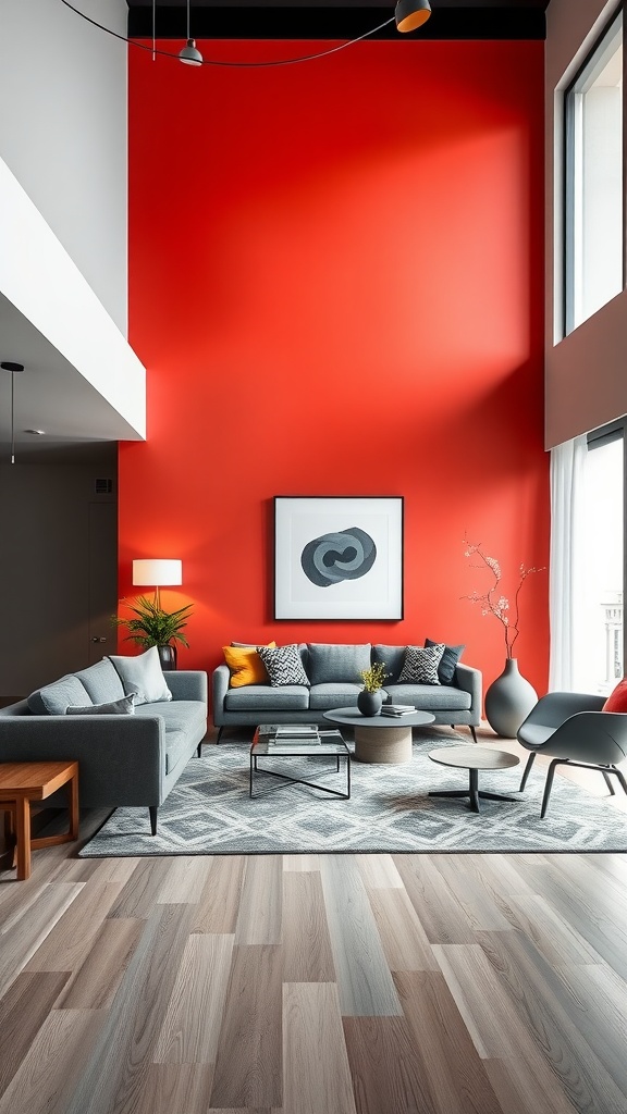 Modern living room with a red accent wall, gray sofa, and stylish decor