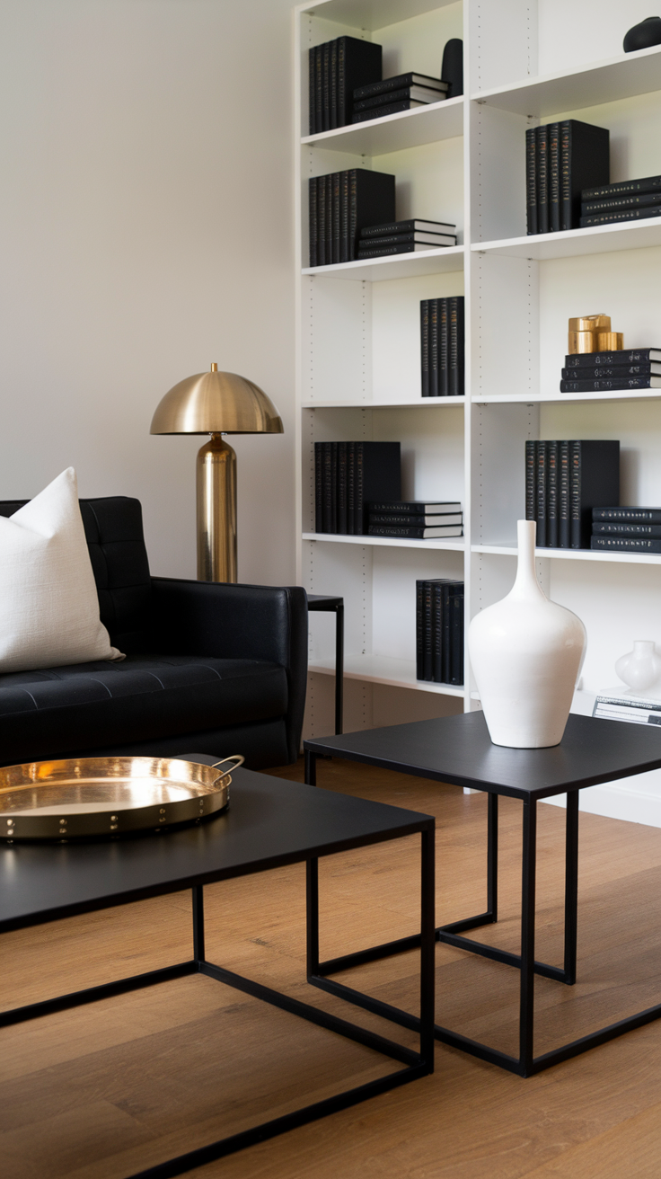 Modern monochrome living room with black couch, coffee tables, and metallic accents.